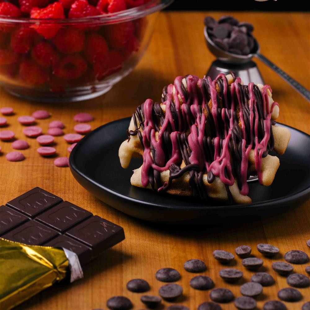 Waffle-style galette with dark and pink chocolate drizzle