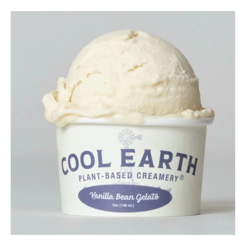 Vanilla bean gelato scooped into a labeled Cool Earth cup.