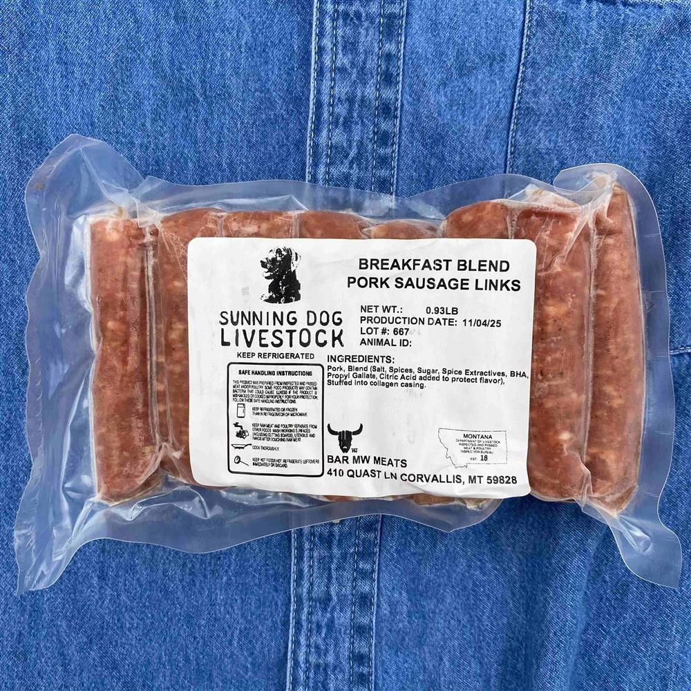 A package of breakfast sausage links with a Sunning Dog Livestock label.