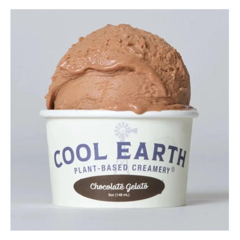 Chocolate gelato scooped into a labeled Cool Earth cup.