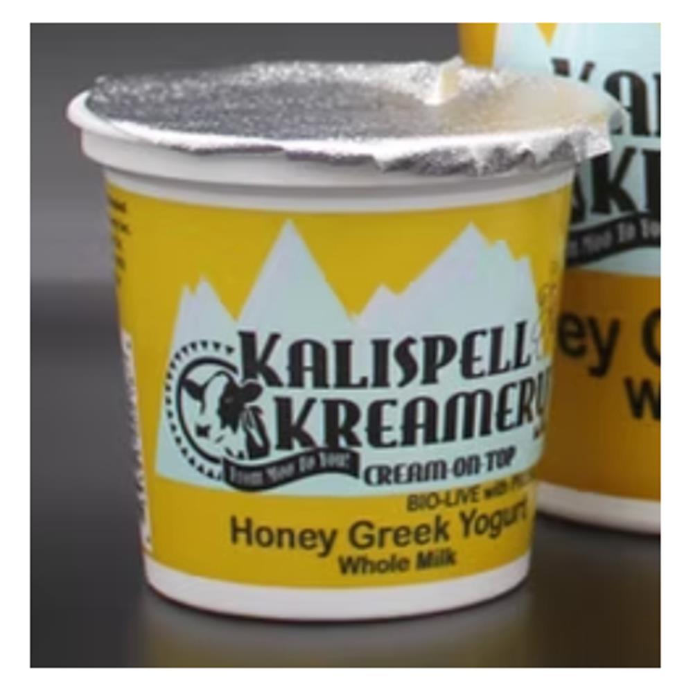 A tub labeled Kalispell Kreamery Honey Greek Yogurt.