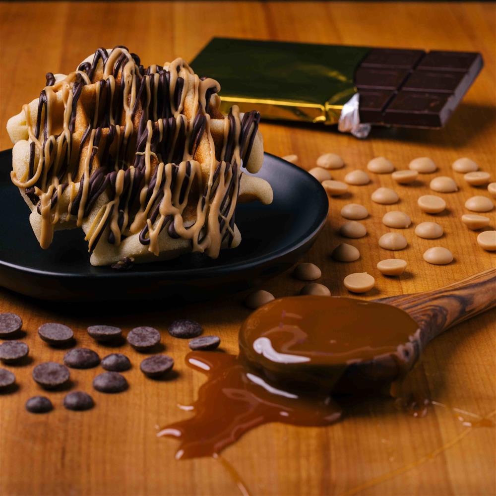 Waffle-style galette drizzled with caramel and dark chocolate