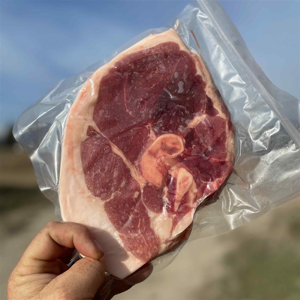 A hand holding a packaged ham steak outdoors.