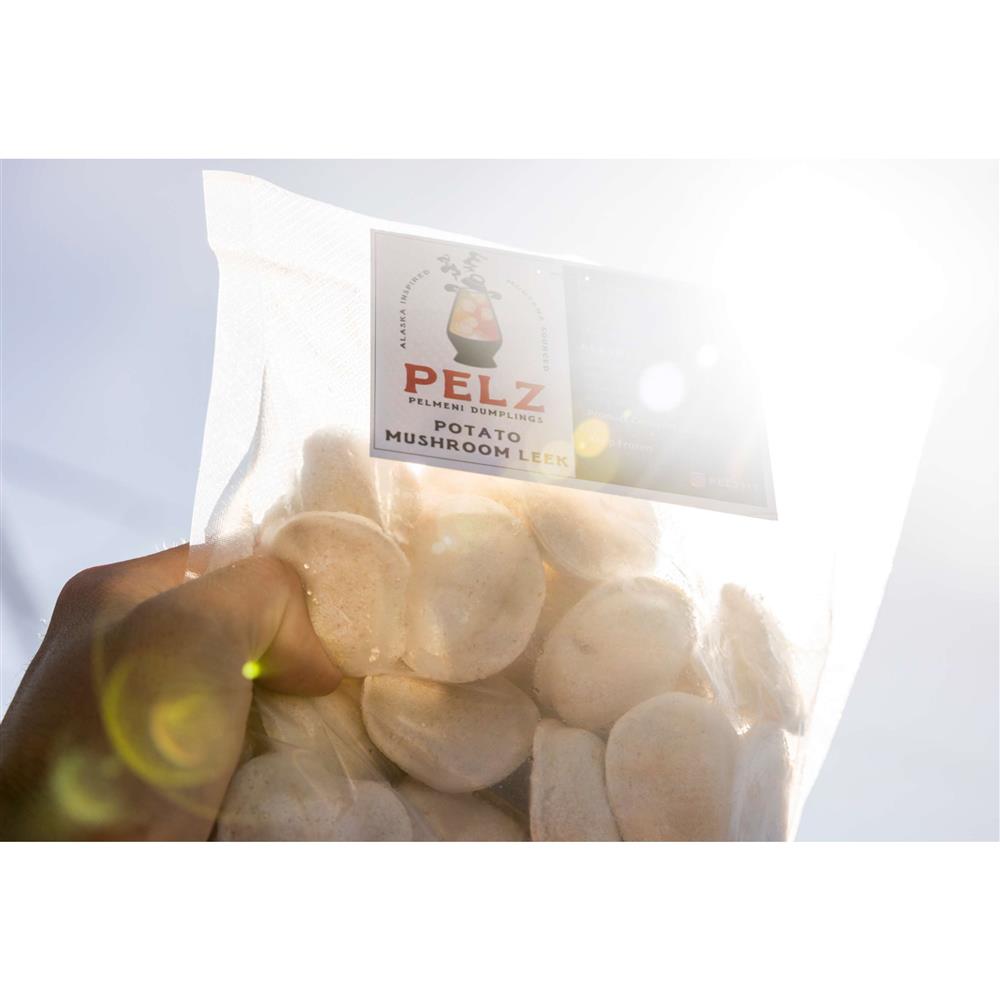 A bag of Pelz dumplings labeled Potato, Mushroom and Leek.