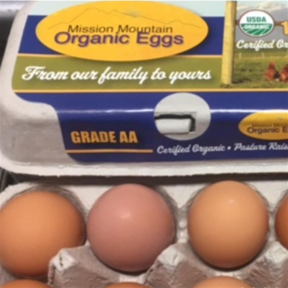 Brown eggs in a carton labeled Mission Mountain Organic Eggs.
