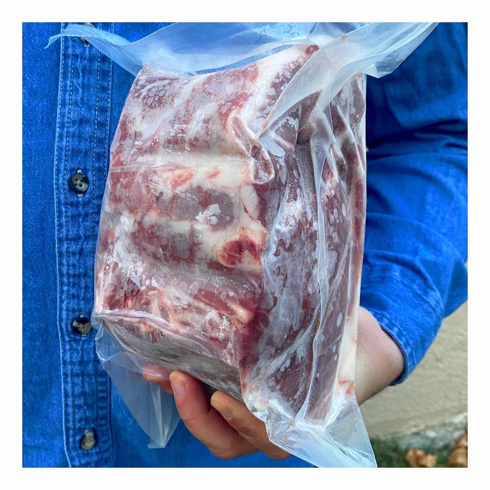 A person holding a vacuum-sealed pork roast.