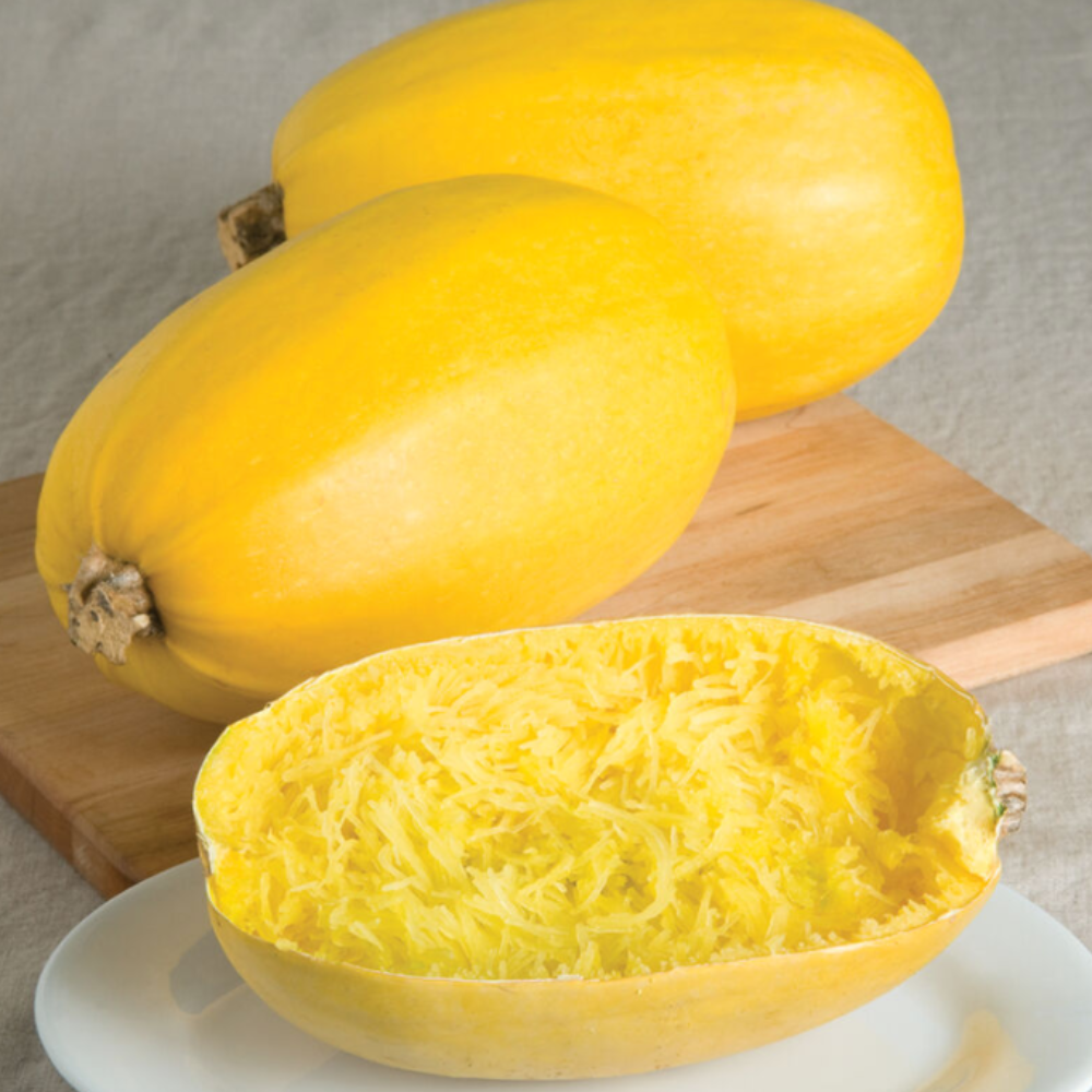 Yellow spaghetti squash, including a cut half showing strands of flesh.
