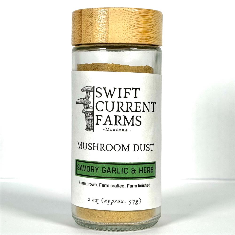 A Swift Current Farms Savory Garlic & Herb mushroom dust jar.