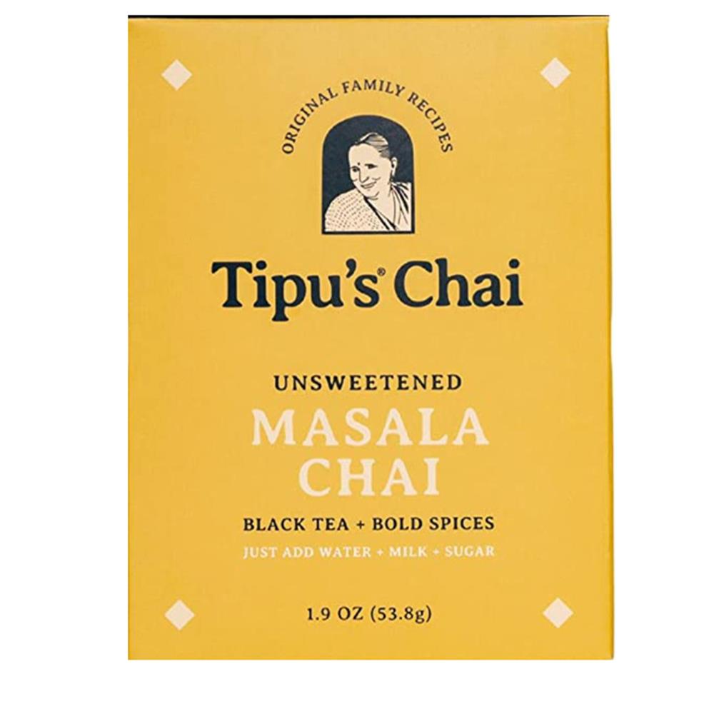 A yellow package of Tipu’s Chai unsweetened masala chai.