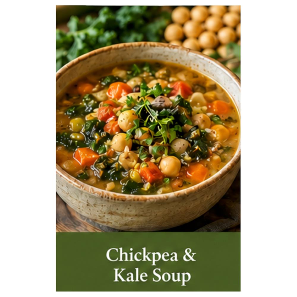 A bowl of chickpea and kale soup with a matching caption.