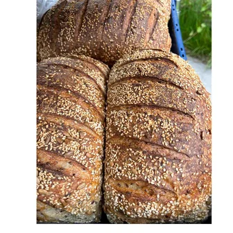 Seeded bread loaves with scored crusts.
