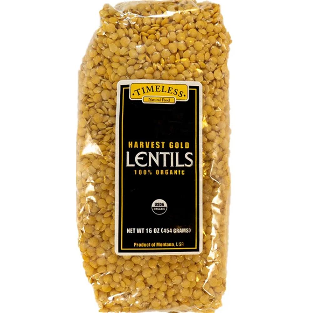 A bag of Timeless Harvest Gold lentils.