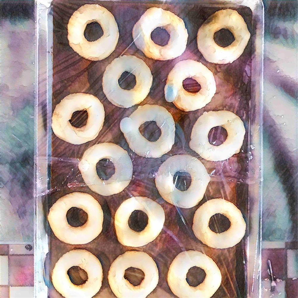 Bagels arranged on a tray